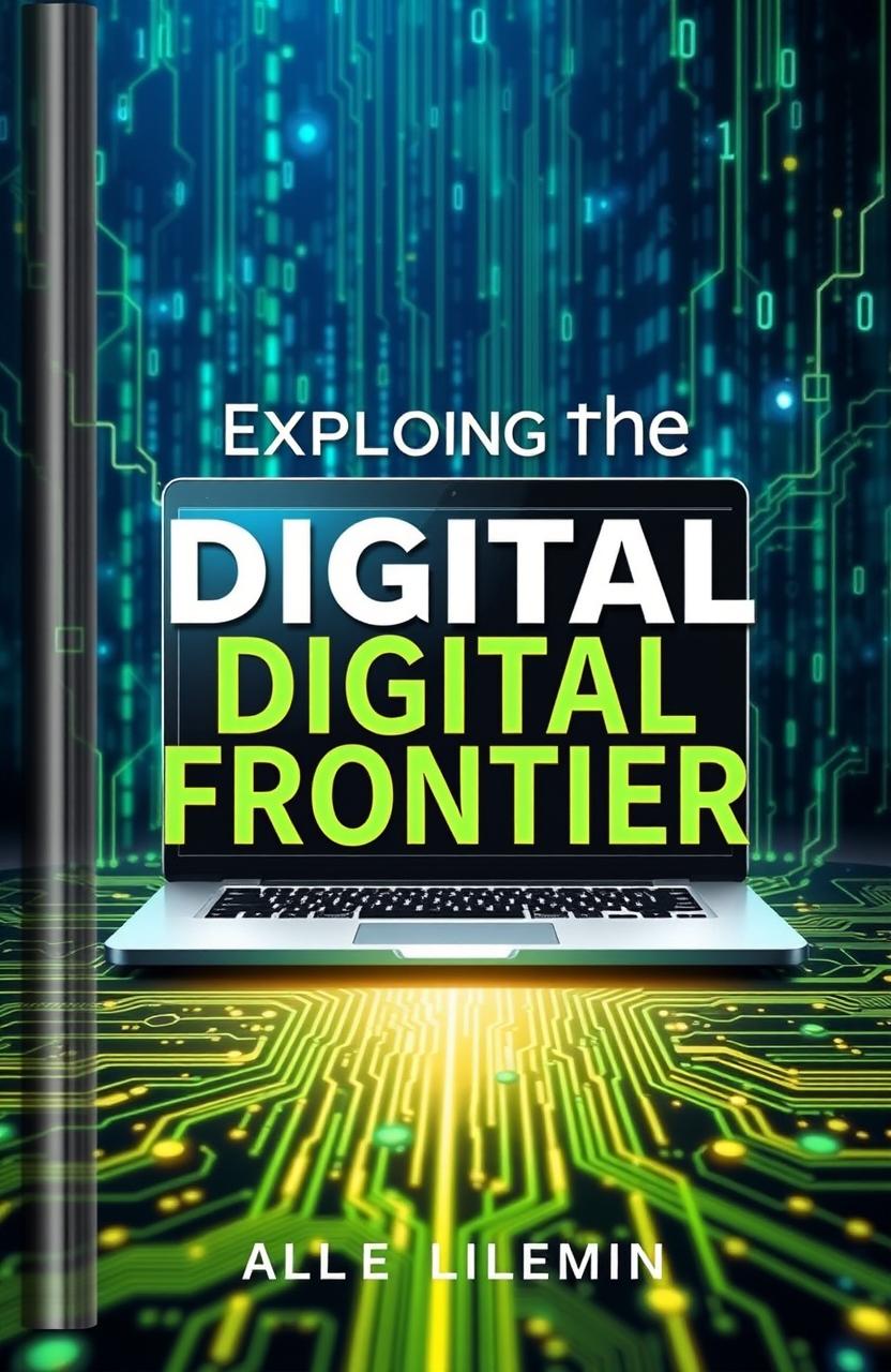 A visually captivating book cover design featuring a modern computer or laptop at the forefront, surrounded by a digital landscape of vibrant binary codes and circuit patterns