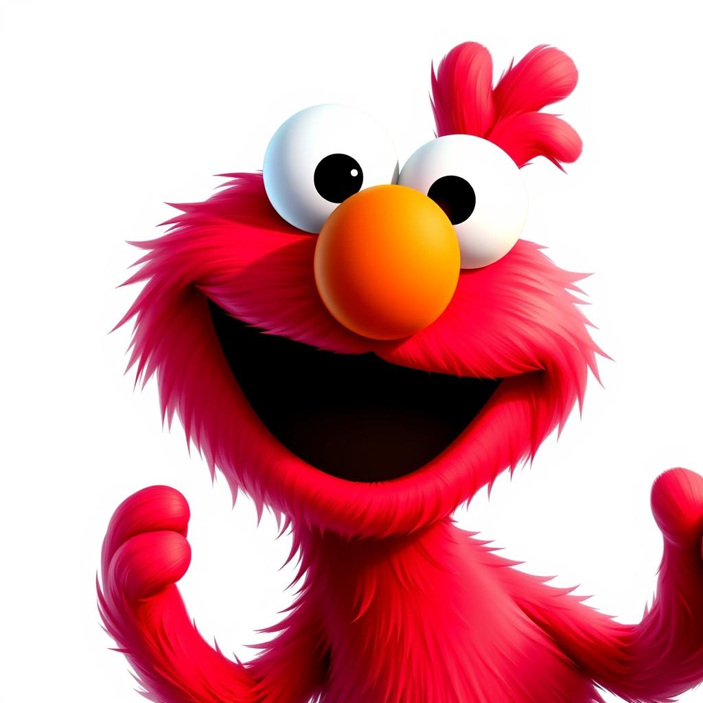 A whimsical Pixar-style depiction of Elmo, featuring his iconic bright red fur and joyful, round face