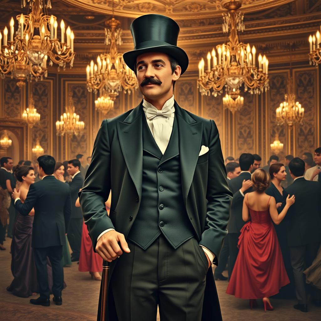 A dapper man in 1881 Paris, elegantly dressed in a tailored suit with a tailcoat, waistcoat, and crisp white shirt, standing confidently in a grand ballroom filled with opulent decor