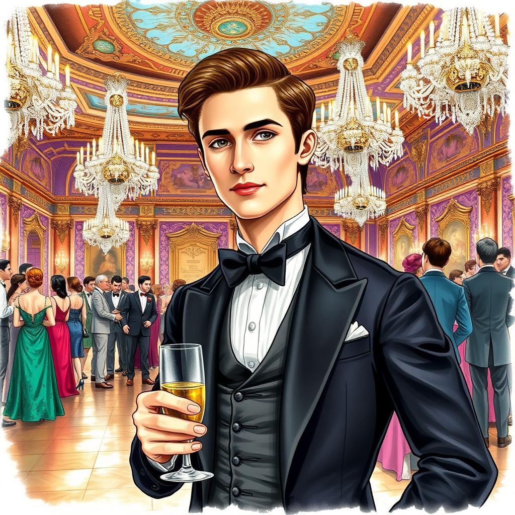 A detailed drawing of a young man in 1881 Paris, depicted in a lavish ballroom setting