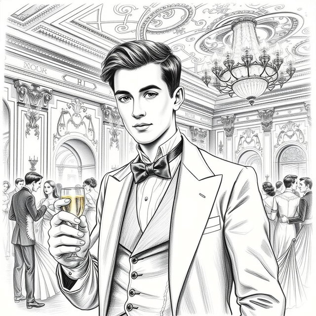 A finely detailed drawing of a young man in 1881 Paris, set in an opulent ballroom