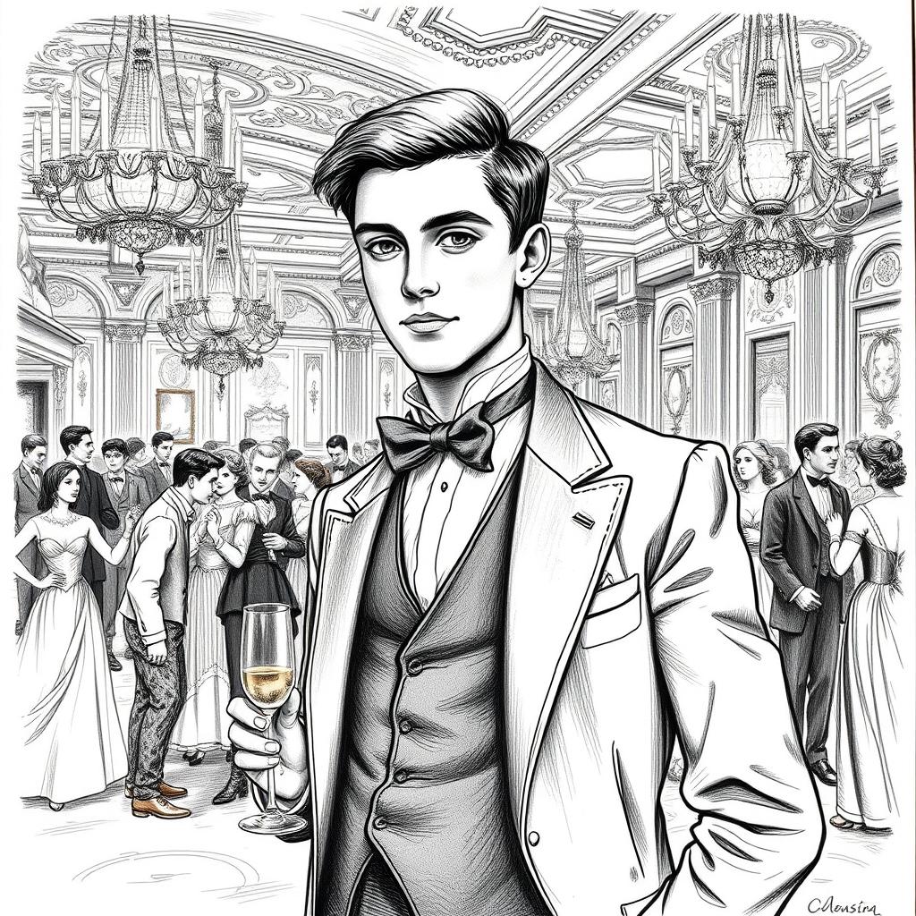 A finely detailed drawing of a young man in 1881 Paris, set in an opulent ballroom