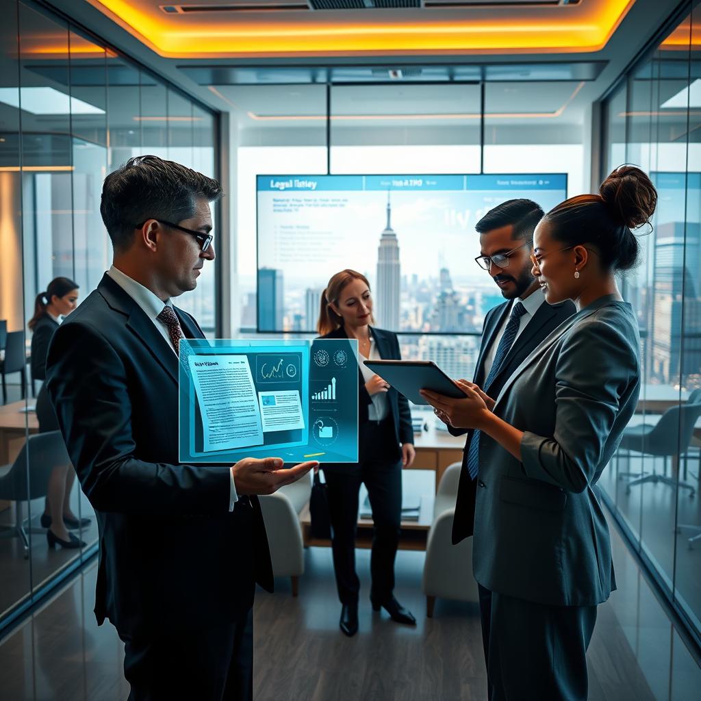 A visually striking scene depicting the integration of technology in the legal field
