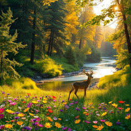 A dynamic and captivating landscape featuring a lush, vibrant forest with towering trees and a sparkling river winding through it, illuminated by golden sunlight filtering through the leaves