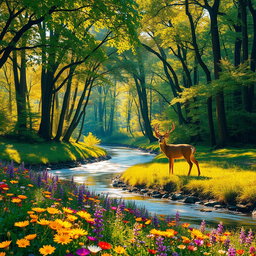 A dynamic and captivating landscape featuring a lush, vibrant forest with towering trees and a sparkling river winding through it, illuminated by golden sunlight filtering through the leaves