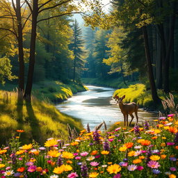 A dynamic and captivating landscape featuring a lush, vibrant forest with towering trees and a sparkling river winding through it, illuminated by golden sunlight filtering through the leaves