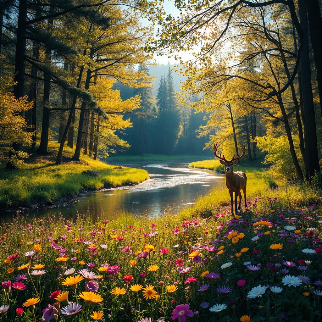 A dynamic and captivating landscape featuring a lush, vibrant forest with towering trees and a sparkling river winding through it, illuminated by golden sunlight filtering through the leaves