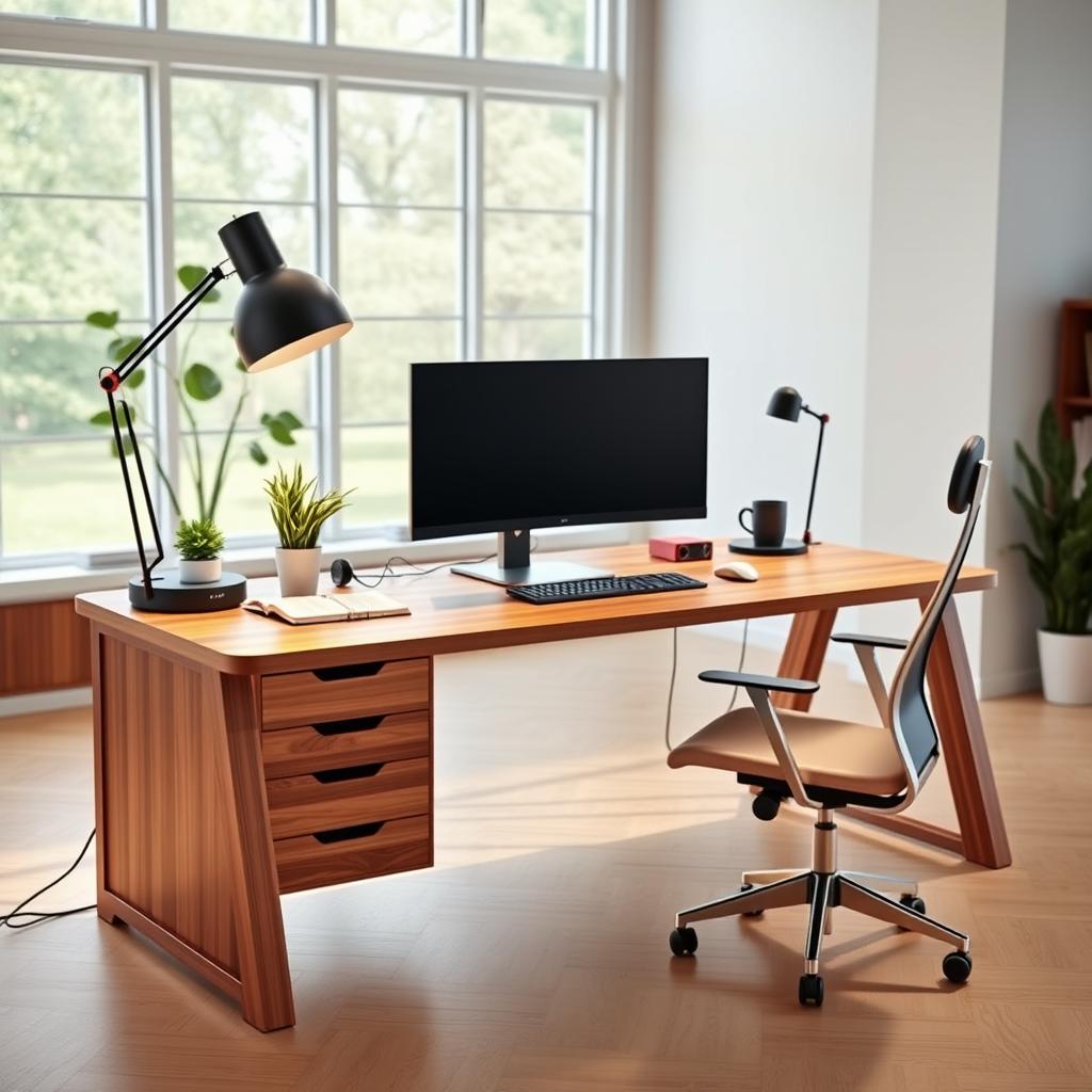 A modern and stylish PC desk designed for a sleek home office setup, featuring a large wooden surface with a polished finish, ample space for a dual-monitor setup, a comfortable ergonomic chair, and organized cable management