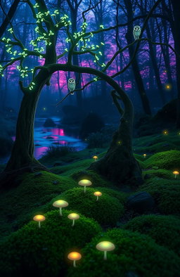 A mystical forest scene during twilight, featuring an ethereal tree with glowing, bioluminescent flowers