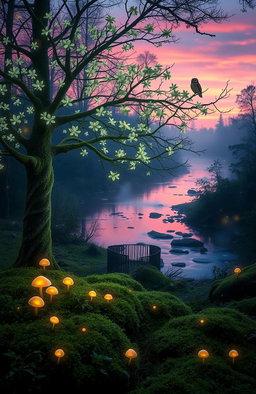 A mystical forest scene during twilight, featuring an ethereal tree with glowing, bioluminescent flowers