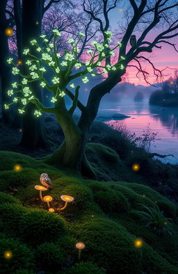 A mystical forest scene during twilight, featuring an ethereal tree with glowing, bioluminescent flowers