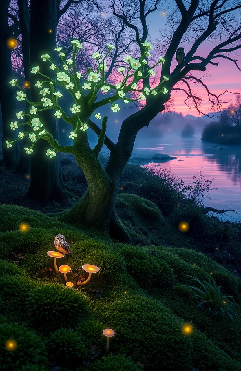 A mystical forest scene during twilight, featuring an ethereal tree with glowing, bioluminescent flowers