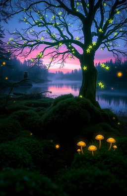 A mystical forest scene during twilight, featuring an ethereal tree with glowing, bioluminescent flowers