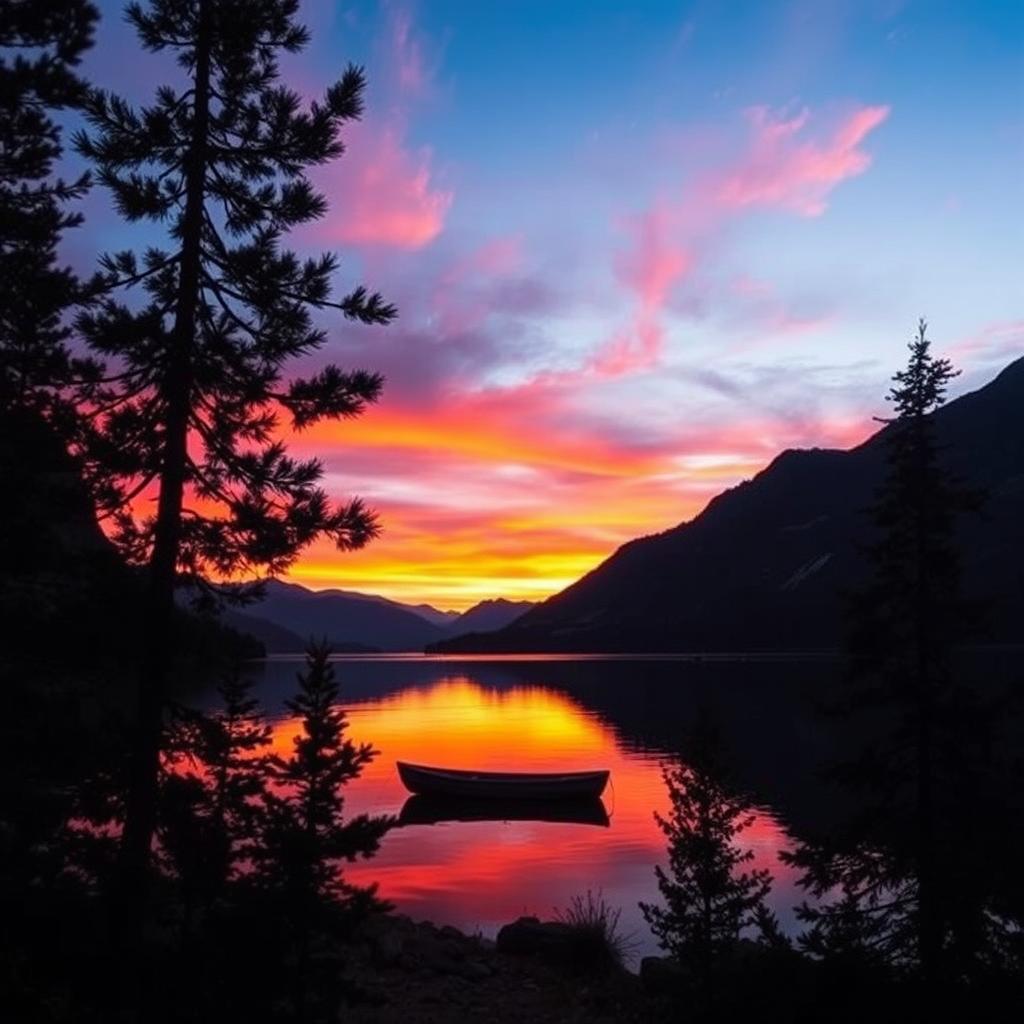 A picturesque sunset over a serene lake surrounded by majestic mountains, reflecting vibrant hues of orange, pink, and purple in the water