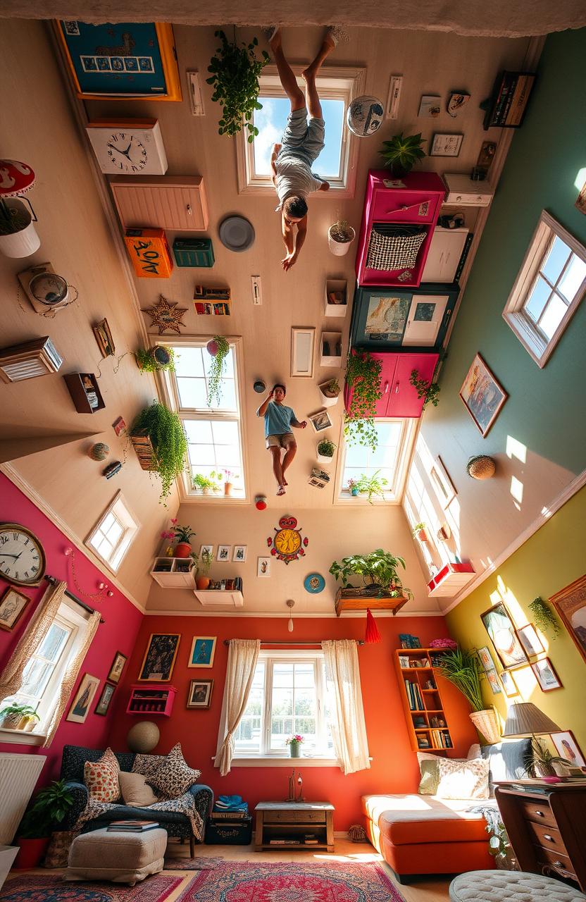 A surreal upside-down house where all the furniture and decor are inverted, creating an unconventional living space