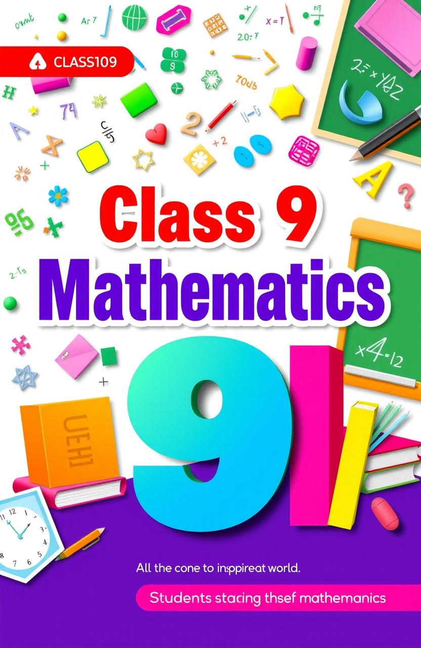 A vibrant and engaging cover design for a Class 9 mathematics textbook, featuring a variety of mathematical symbols like fractions, geometry shapes, algebraic equations, and a colorful background that includes elements like a chalkboard, books, and school supplies