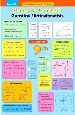 A high-quality educational illustration depicting various topics from a 9th-grade general mathematics textbook