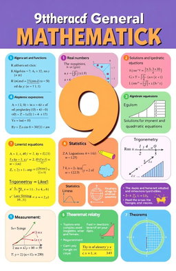 A high-quality educational illustration depicting various topics from a 9th-grade general mathematics textbook