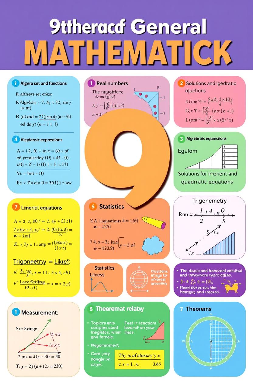 A high-quality educational illustration depicting various topics from a 9th-grade general mathematics textbook