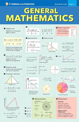 A high-quality educational illustration depicting various topics from a 9th-grade general mathematics textbook