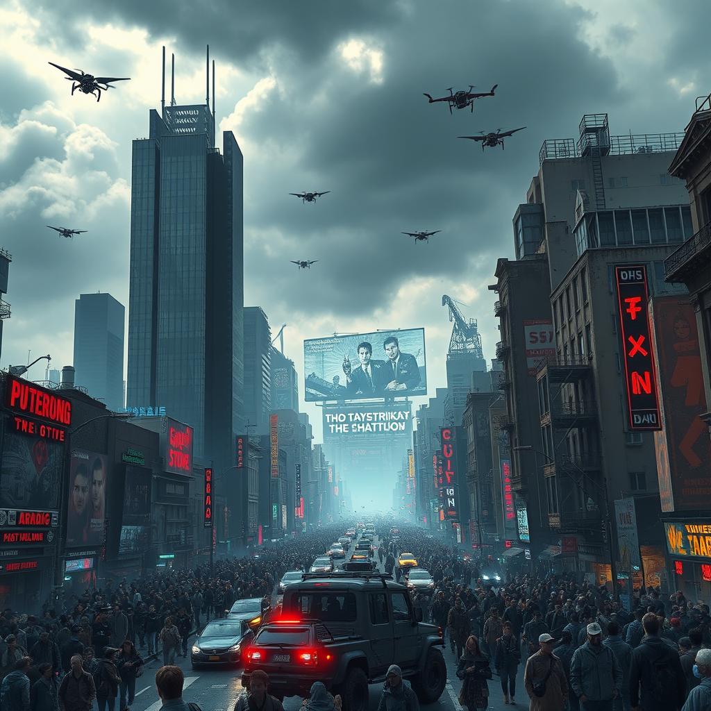 A sprawling dystopian cityscape, featuring towering skyscrapers with dark, reflective glass and crumbling concrete structures