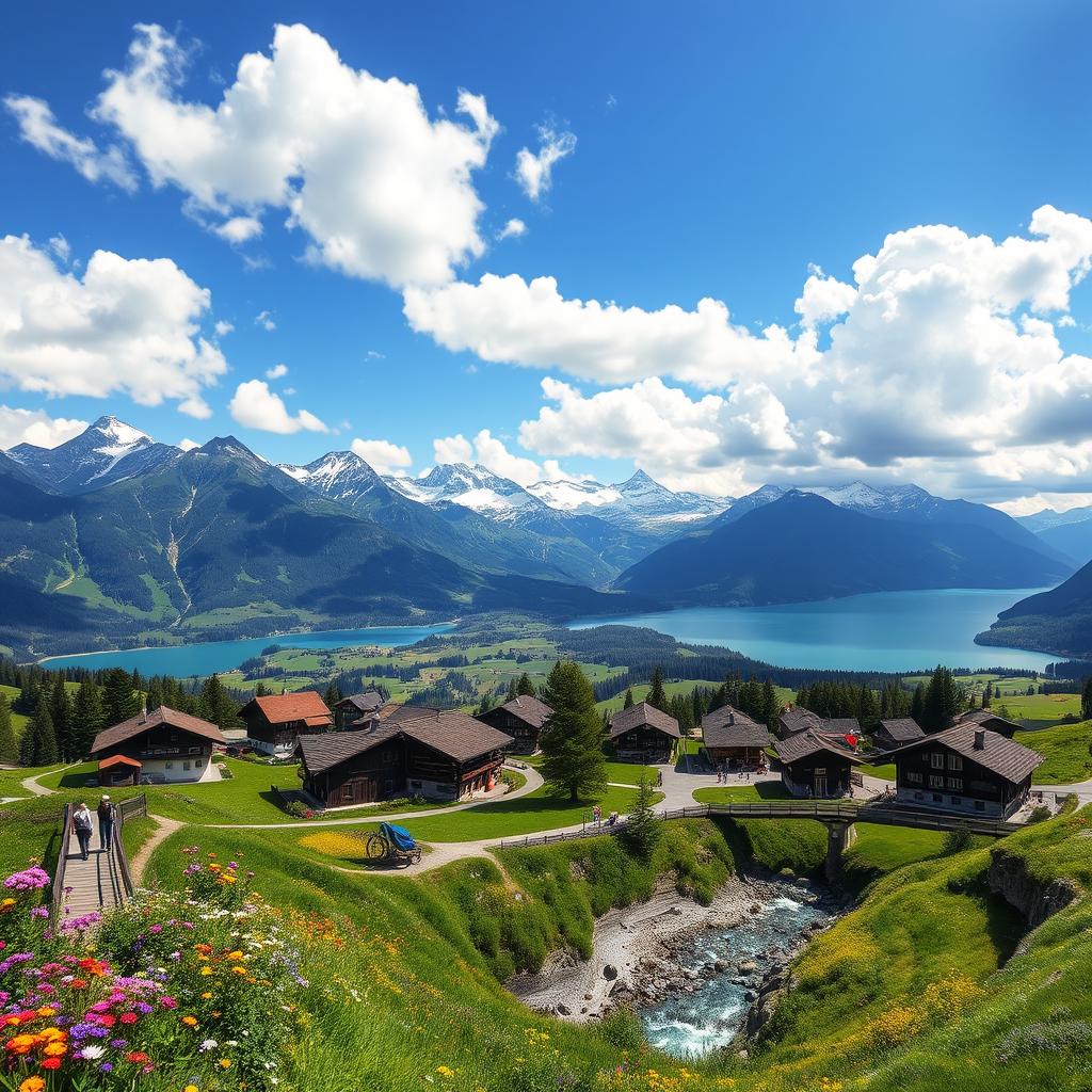 A breathtaking landscape of Switzerland featuring majestic snow-capped mountains, lush green valleys, and a serene lake reflecting the stunning scenery