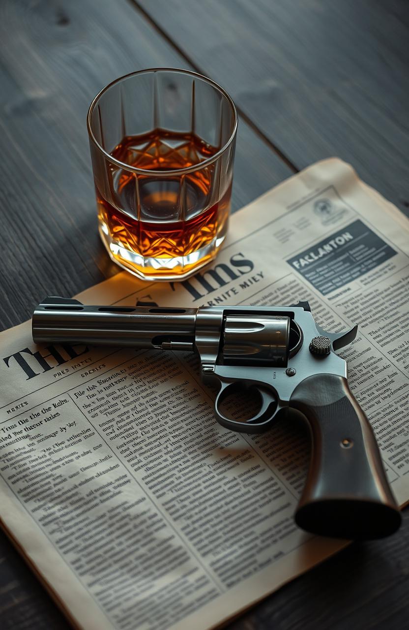 A vintage newspaper laid flat on a dark wooden table, a polished whiskey glass filled with amber liquid sits next to it, a classic revolver resting gently beside the glass, soft light casting gentle shadows across the scene, evoking a sense of mystery and sophistication