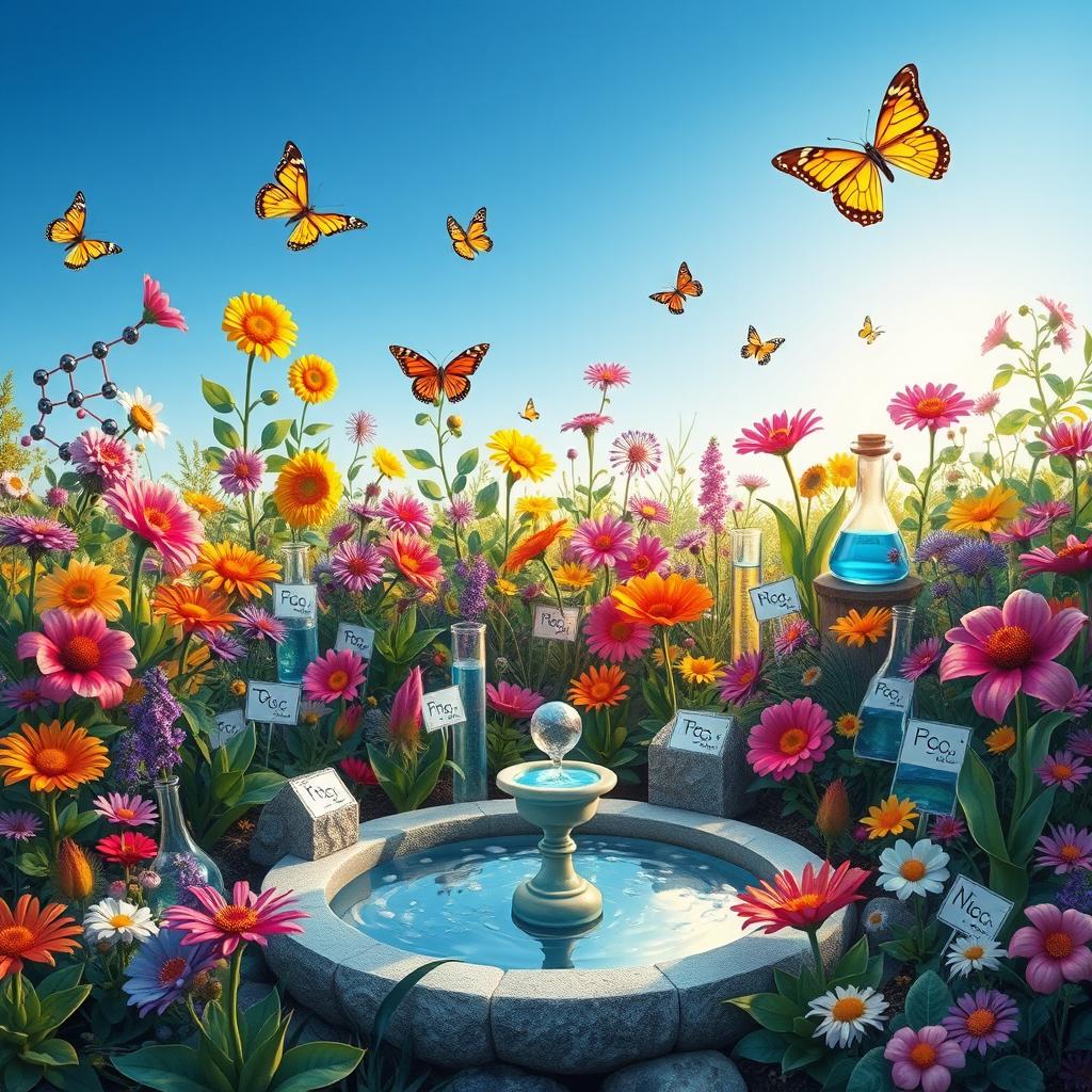 A beautifully detailed chemistry garden filled with colorful plants and flowers, each labeled with chemical symbols and formulas