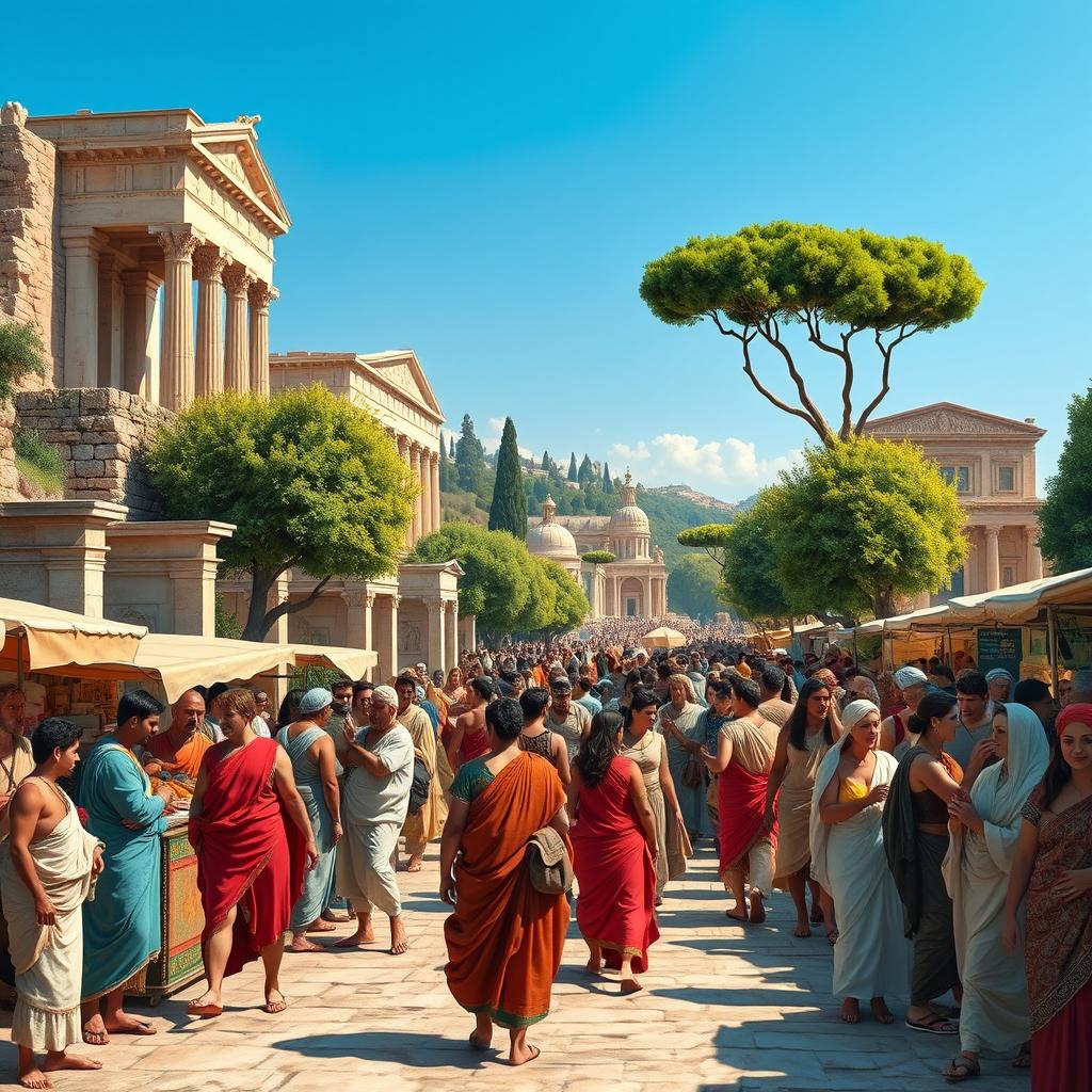 A historical scene depicting a vibrant marketplace along the Sacred Way in the 1st century AD