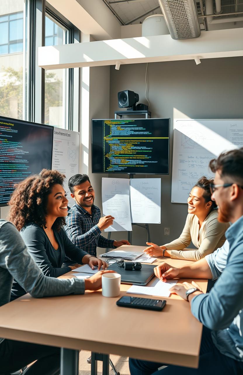 A modern office setting where a diverse group of developers are engaged in a lively discussion about coding and technology