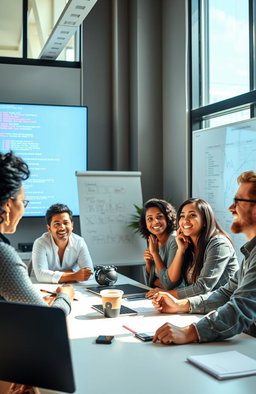 A modern office setting where a diverse group of developers are engaged in a lively discussion about coding and technology