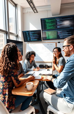 A modern office setting where a diverse group of developers are engaged in a lively discussion about coding and technology