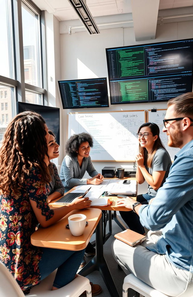 A modern office setting where a diverse group of developers are engaged in a lively discussion about coding and technology