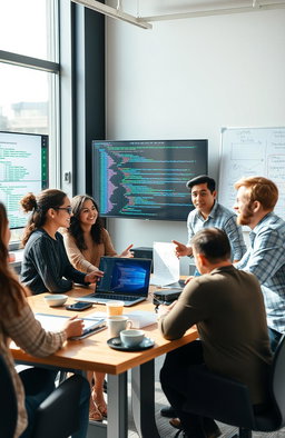 A modern office setting where a diverse group of developers are engaged in a lively discussion about coding and technology