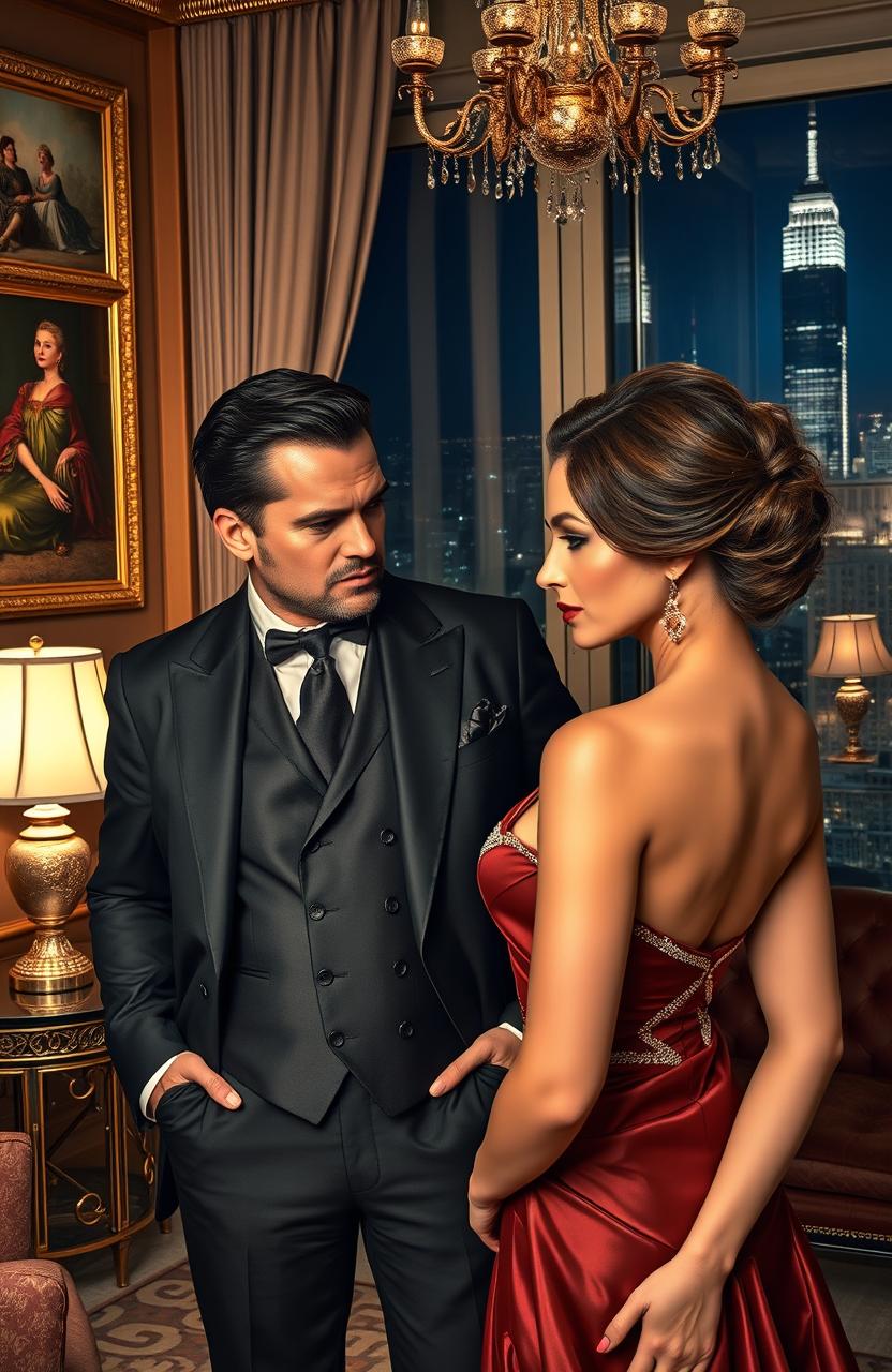 A stylish and imposing billionaire mafia boss in a luxurious office, surrounded by opulence and modern decor