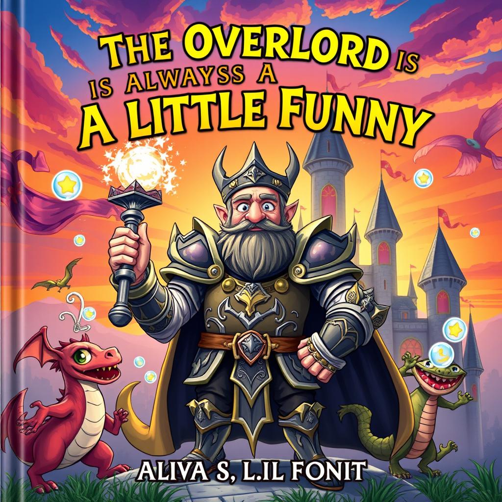 A whimsical and engaging book cover for 'The Overlord Is Always A Little Funny', featuring a charismatic overlord with a playful expression