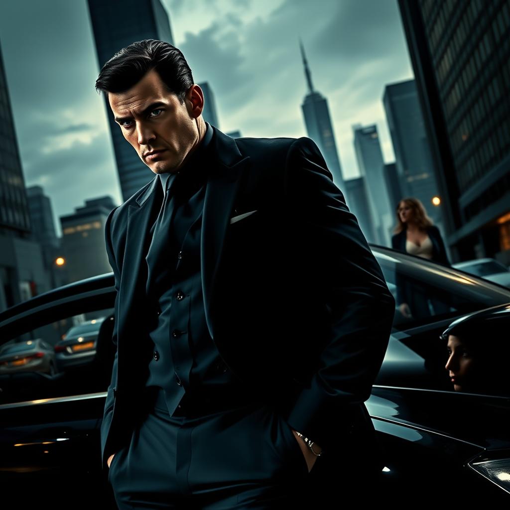 A strikingly handsome and imposing billionaire mafia figure, with a confident stance and a piercing gaze that conveys obsession