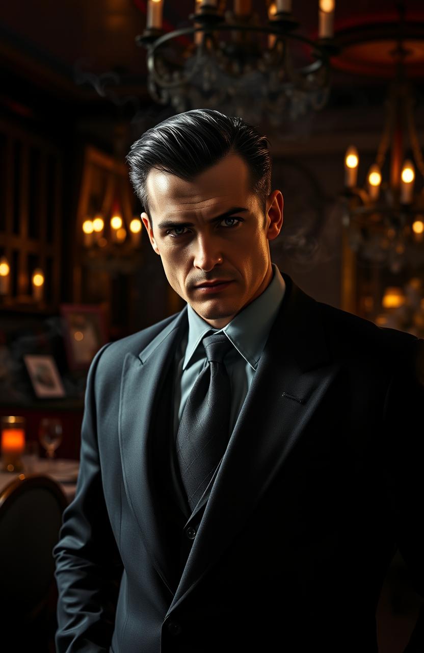 A dark, moody scene featuring a handsome mafia man in a tailored black suit, with slicked-back hair