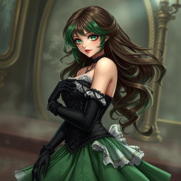 A gothic Victorian maiden anime girl with an enchanting figure, accentuated by her voluptuous curves in a tightly laced black corset layered over a delicate white bodice or chemisette