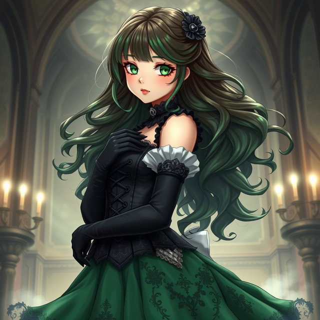 A gothic Victorian maiden anime girl with an enchanting figure, accentuated by her voluptuous curves in a tightly laced black corset layered over a delicate white bodice or chemisette