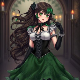 A gothic Victorian maiden anime girl with an enchanting figure, accentuated by her voluptuous curves in a tightly laced black corset layered over a delicate white bodice or chemisette