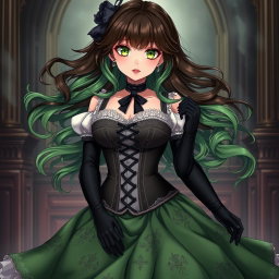A gothic Victorian maiden anime girl with an enchanting figure, accentuated by her voluptuous curves in a tightly laced black corset layered over a delicate white bodice or chemisette