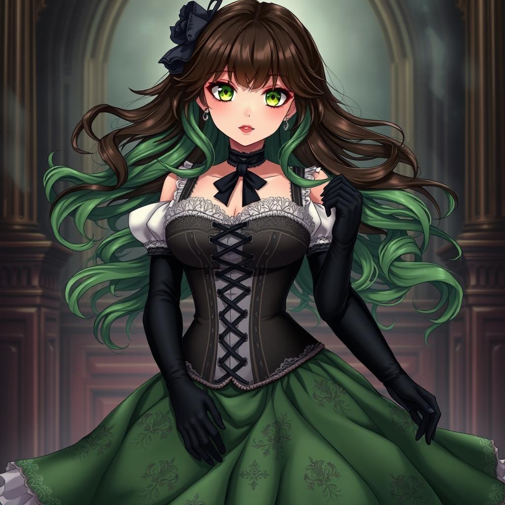 A gothic Victorian maiden anime girl with an enchanting figure, accentuated by her voluptuous curves in a tightly laced black corset layered over a delicate white bodice or chemisette