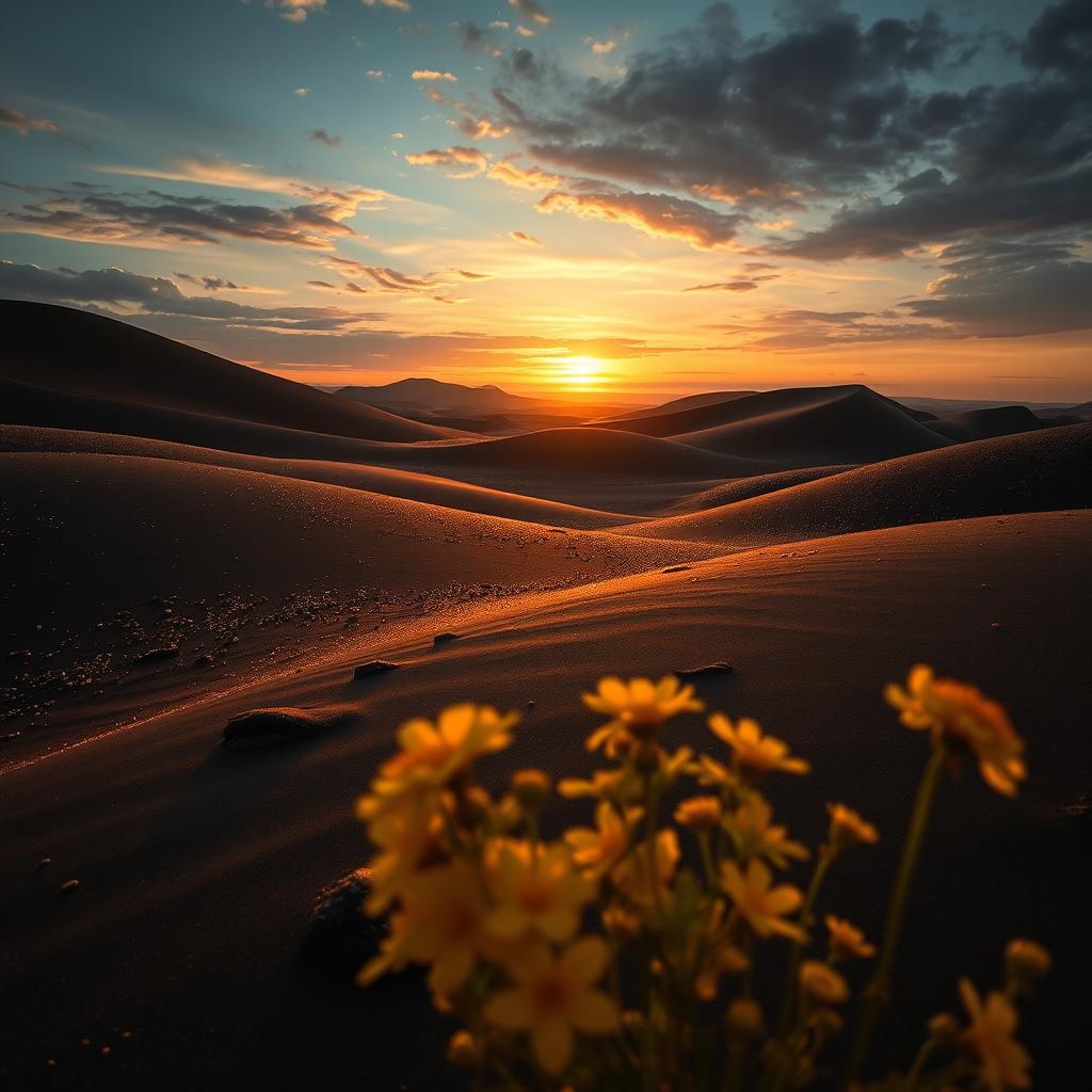 A stunning visual representation of black gold, depicting a magnificent landscape filled with glistening black sand dunes beneath a twilight sky