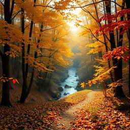 A majestic scene depicting a serene forest during autumn