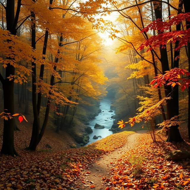 A majestic scene depicting a serene forest during autumn