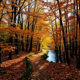 A majestic scene depicting a serene forest during autumn