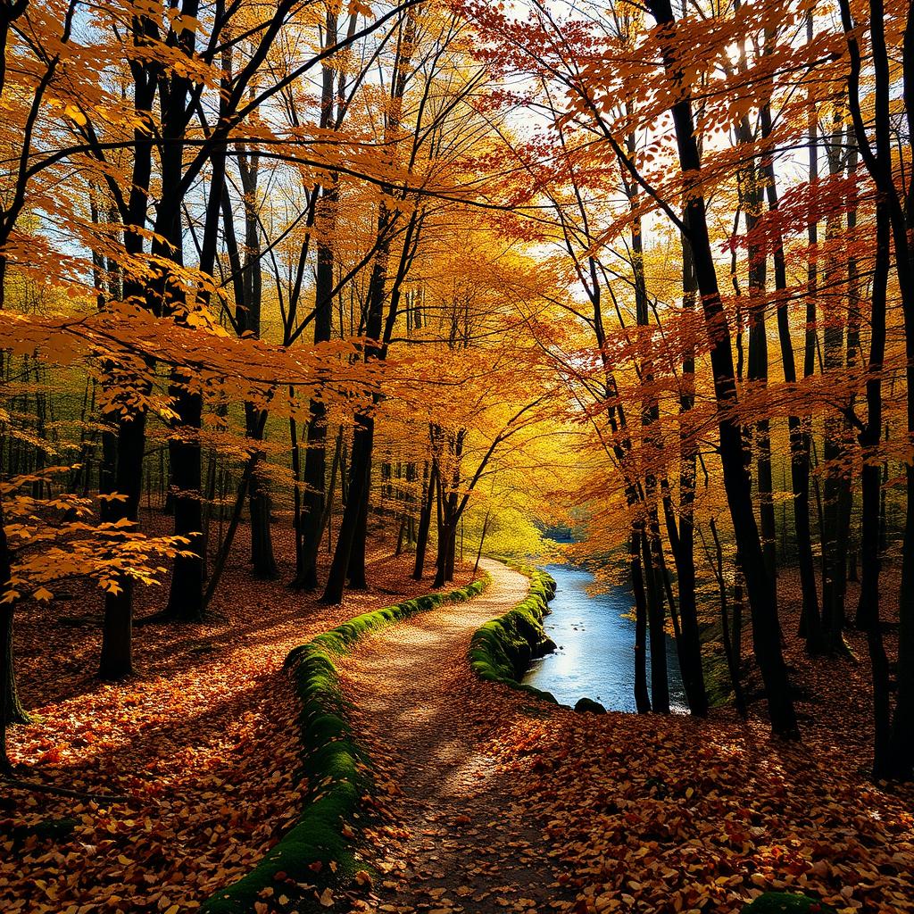 A majestic scene depicting a serene forest during autumn