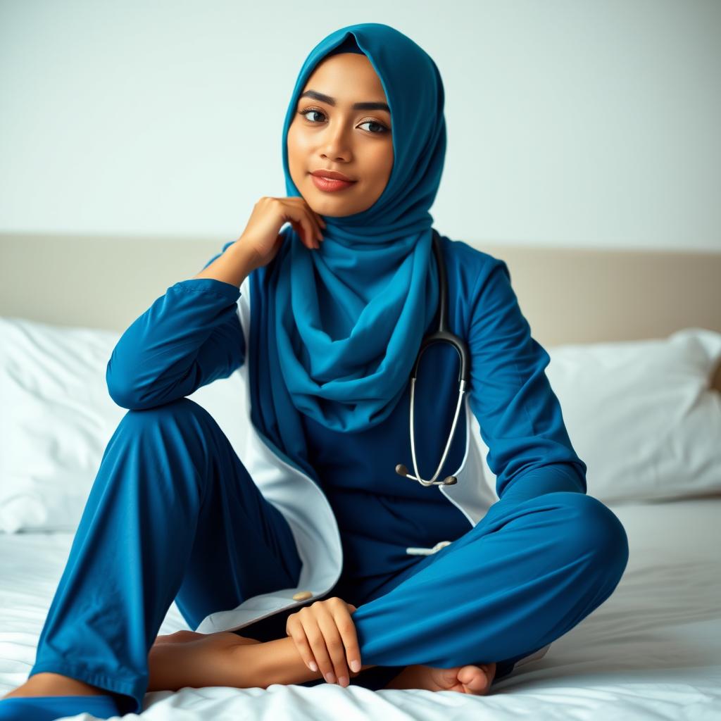 A beautiful and enticing Indonesian female doctor wearing a hijab, fully covered, sitting gracefully on a bed