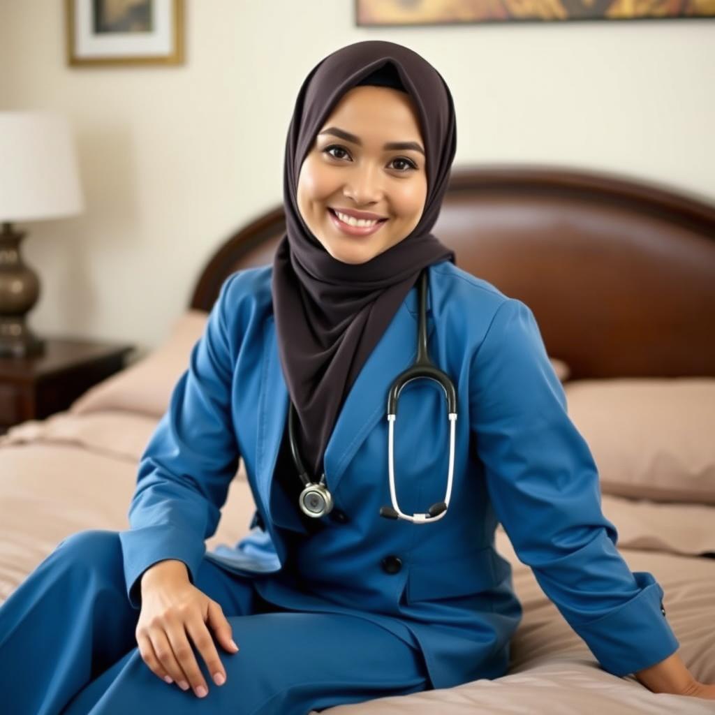 A beautiful and alluring Indonesian doctor, wearing a hijab that is modest and elegant, dressed in a blue outfit, sitting gracefully on a bed